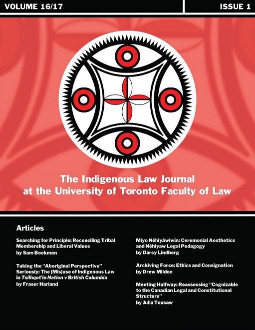 Cover of Volume 16 and 17 depicting Indigenous Law Journal Logo and the article titles and the names of the authors